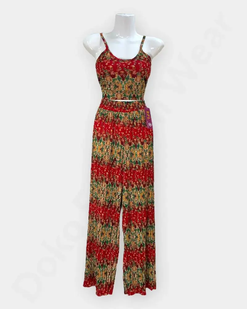 [DFW201] Rongtai Boho Two-Piece Set – Sleeveless Top & Wide-Leg Pants in Ethnic Print - Red Color (S-M).webp