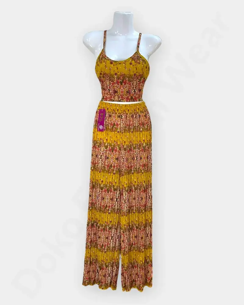 [DFW198] Rongtai Boho Two-Piece Set – Sleeveless Top & Wide-Leg Pants in Ethnic Print – Yellow Color (S-M).webp