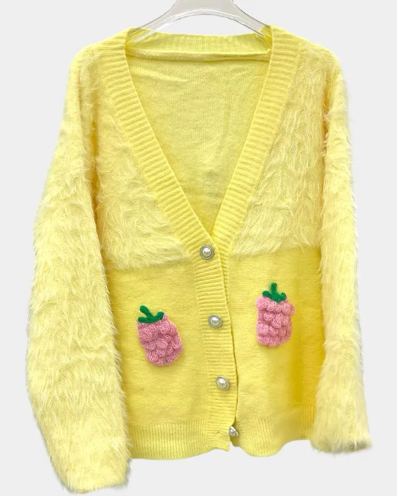 Ladies Sweater Knit V-neck Pineapple Button Cardigan Jackets & Hoodies