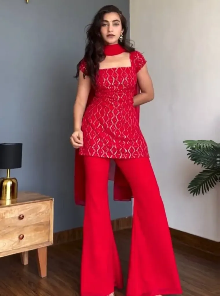 FANCY GEORGETTE THREAD WITH SEQUENCE WORK TOP PALAZZO WITH DUPATTA RED