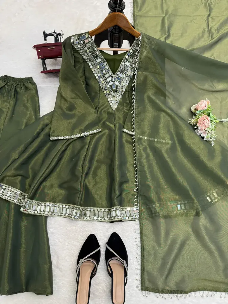 FANCY COSMOS THREAD WITH REAL MIRROR WORK TOP PALAZZO WITH DUPATTA MEHNDI SIZE: LARGE