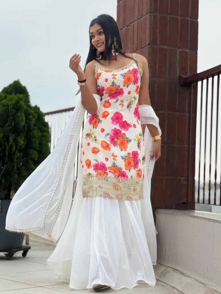 FANCY CHINON SILK EMBROIDERY SEQUENCE CODING WORK AND DIGITAL PRINT WORK TOP PALAZZO WITH DUPATTA WHITE AND RED