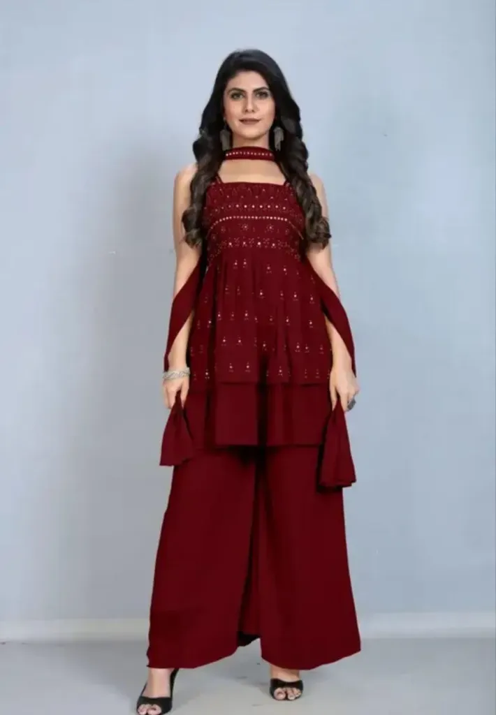 DESIGNER GEORGETTE SEQUENCE EMBROIDERY MOTI WORK TOP PALAZZO WITH DUPATTA MAROON