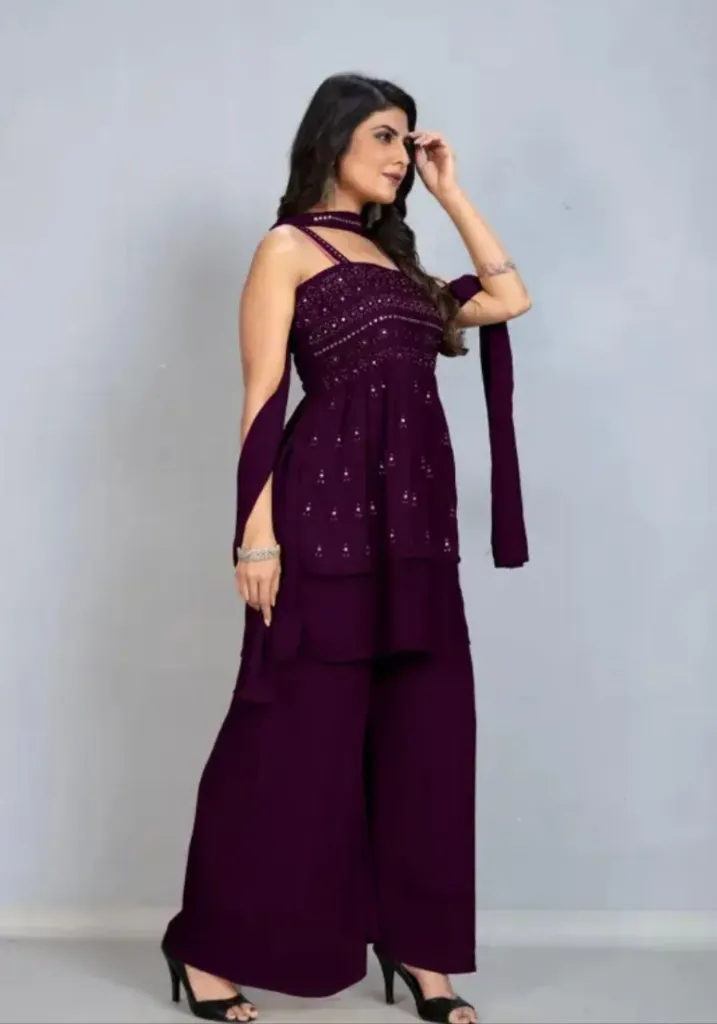 DESIGNER GEORGETTE SEQUENCE EMBROIDERY MOTI WORK TOP PALAZZO WITH DUPATTA PURPLE SIZE: MEDIUM 