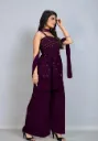DESIGNER GEORGETTE SEQUENCE EMBROIDERY MOTI WORK TOP PALAZZO WITH DUPATTA PURPLE SIZE: MEDIUM 