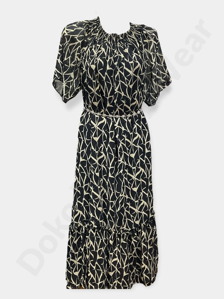 [WDP139] Floral Midi Dress Without Belt (Black)