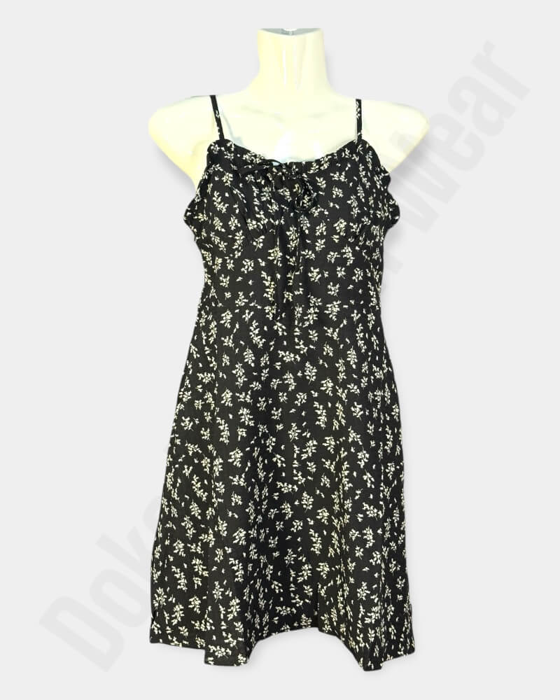 [WDM149] Floral Fit and Flare Dress, Spaghetti Strap Floral Mini Dress For Summer  (Black)