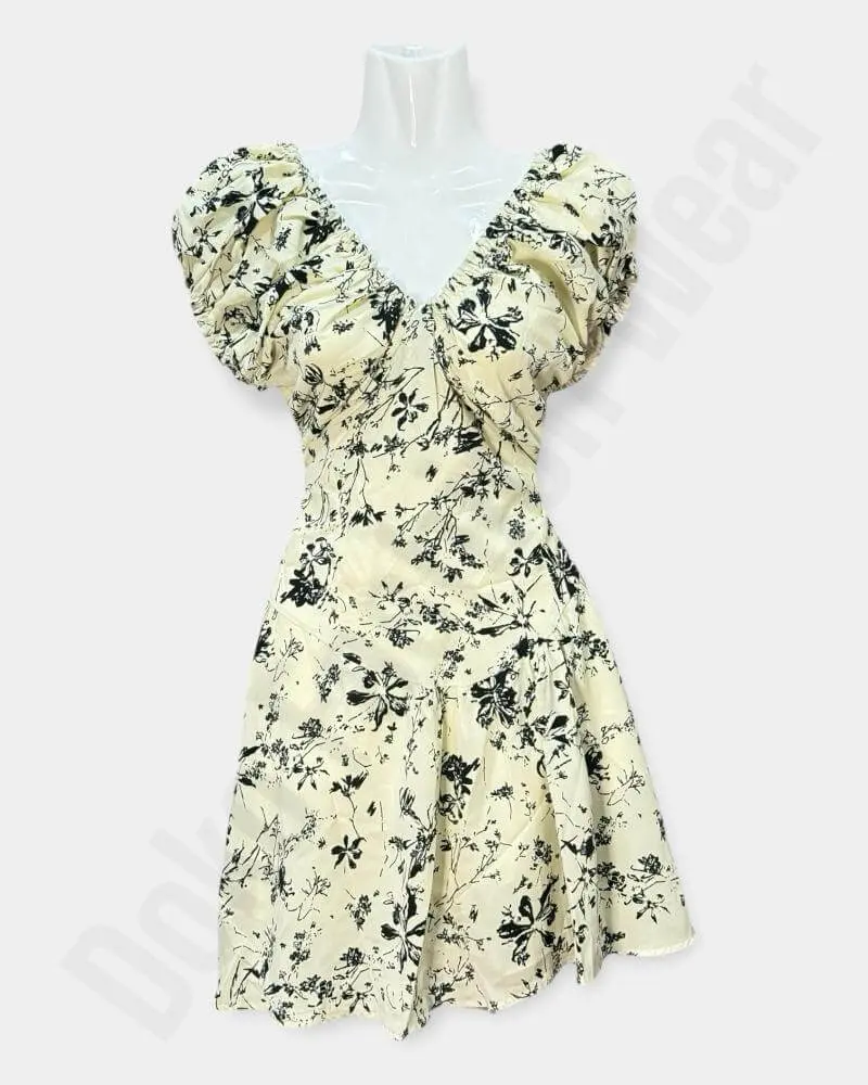 Cream Color  Floral Ruched V Neck Mini Dress Free-Size 