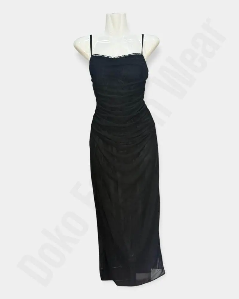 [WDM152-2]  Long Sweetheart Fitted Pleated Cowl Neck Net  Gown  (Black)