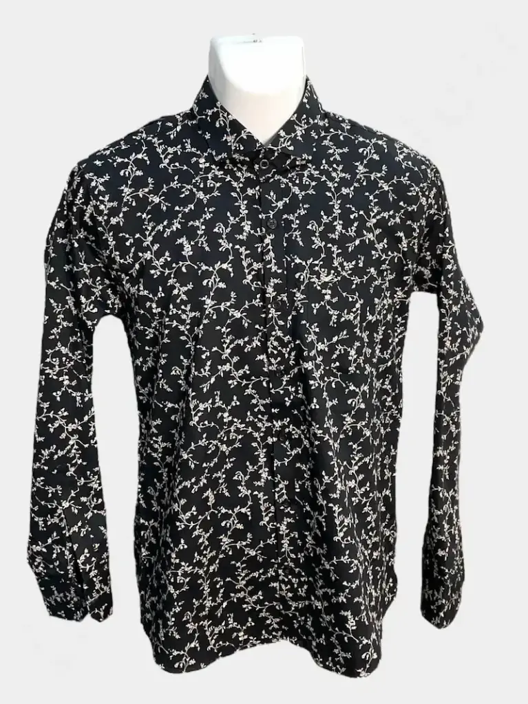[MSF028-1] Printed Shirts for Men - Floral Print 100% Cotton Shirt (Black Color Size L)