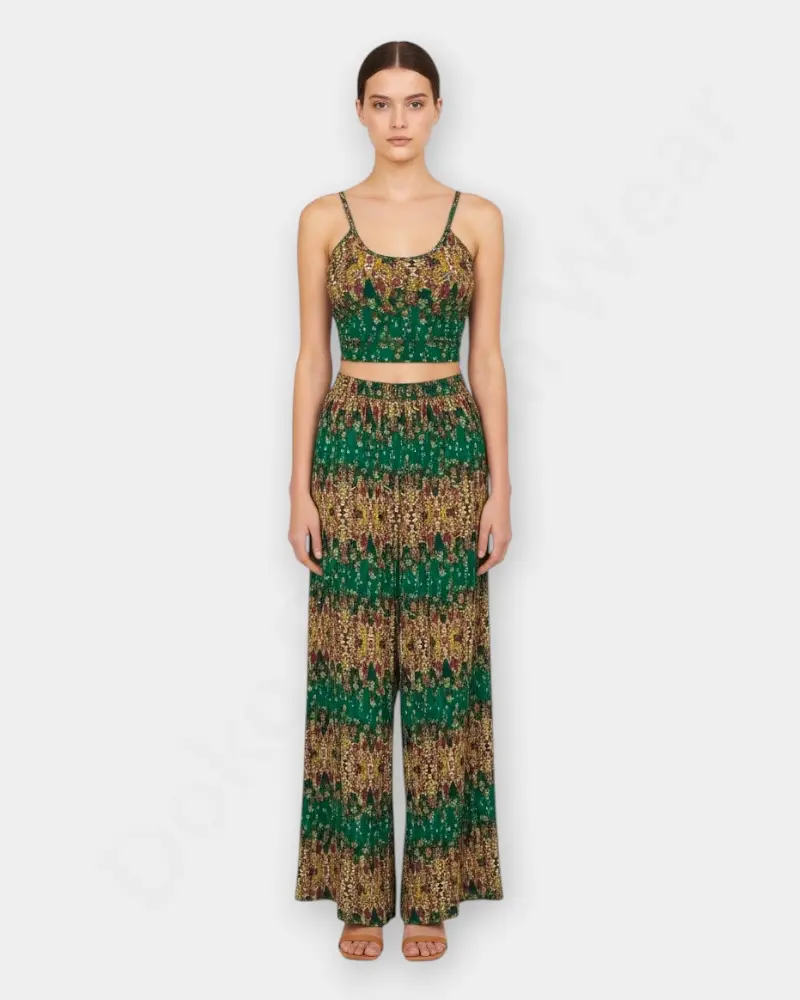 Rongtai Boho Two-Piece Set – Sleeveless Top & Wide-Leg Pants in Ethnic Print – Green Color