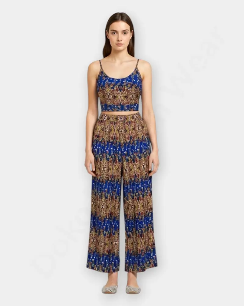 Rongtai Boho Two-Piece Set – Sleeveless Top & Wide-Leg Pants in Ethnic Print – Blue Color 