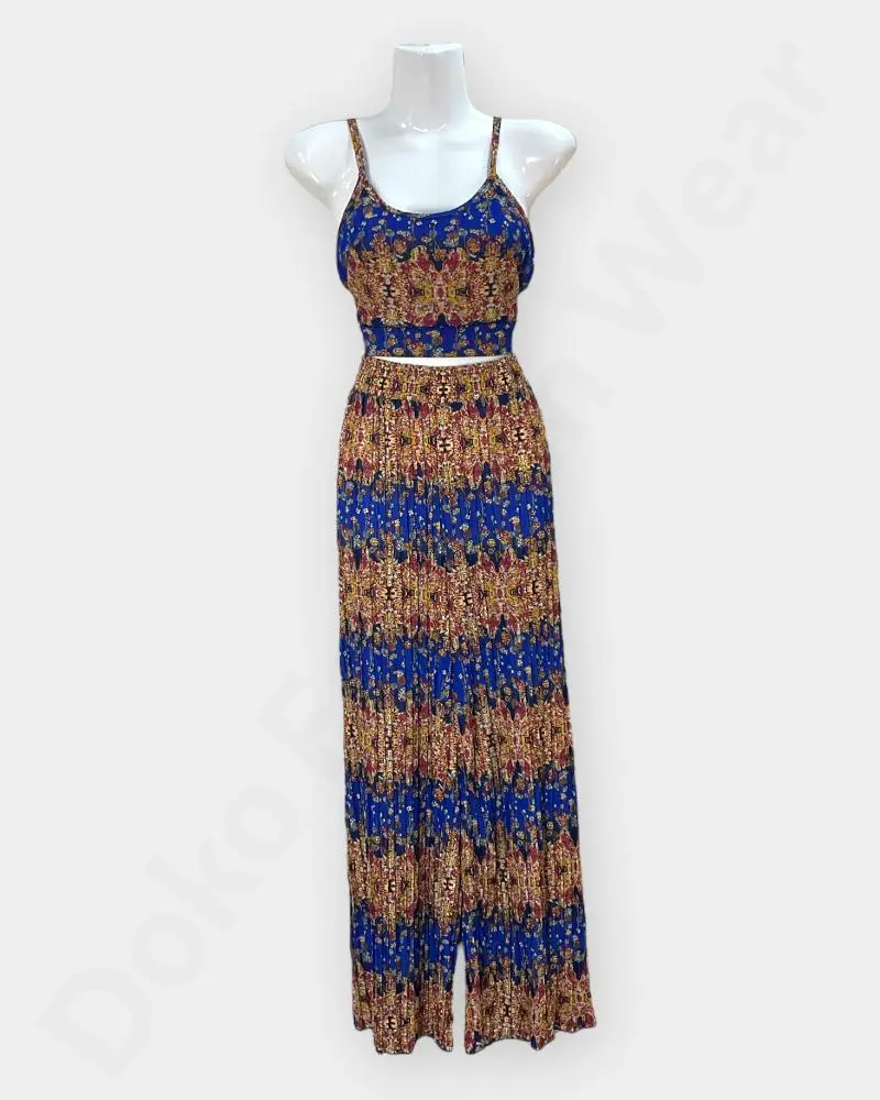 Rongtai Boho Two-Piece Set – Sleeveless Top & Wide-Leg Pants in Ethnic Print – Blue Color 