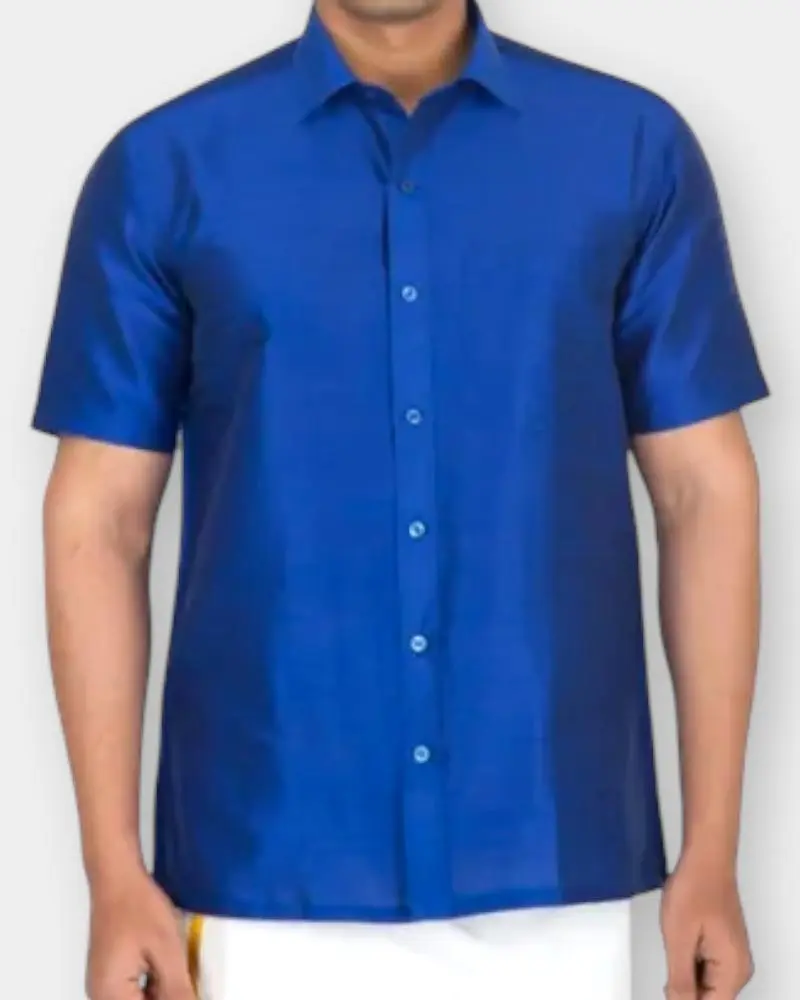 [DFW253]   Half Sleeve Luxurious Silk Shirt Color - Blue  (L)