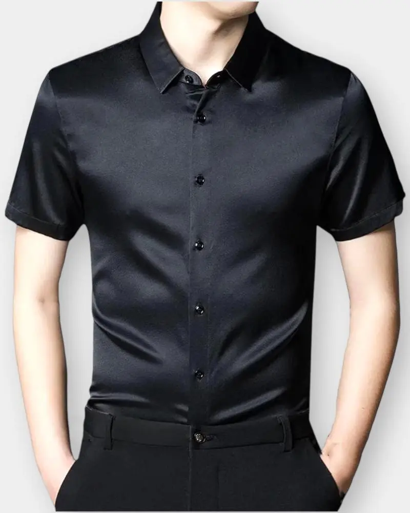 [DFW255]   Half Sleeve Luxurious Silk Shirt Color - Black  (L)