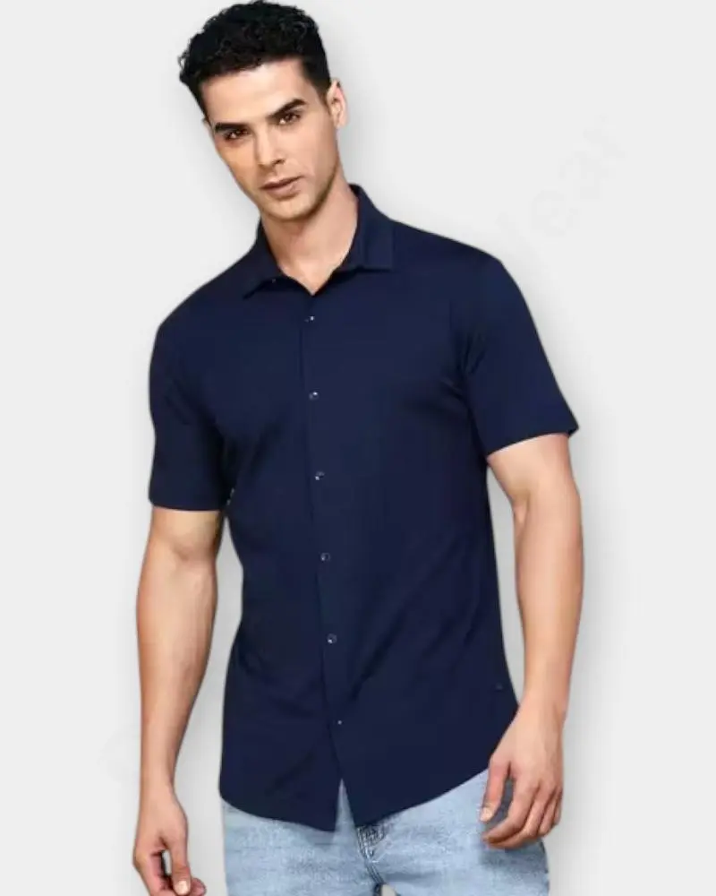 [DFW257]  Half Sleeve Luxurious Silk Shirt Color-Dark Blue (L)