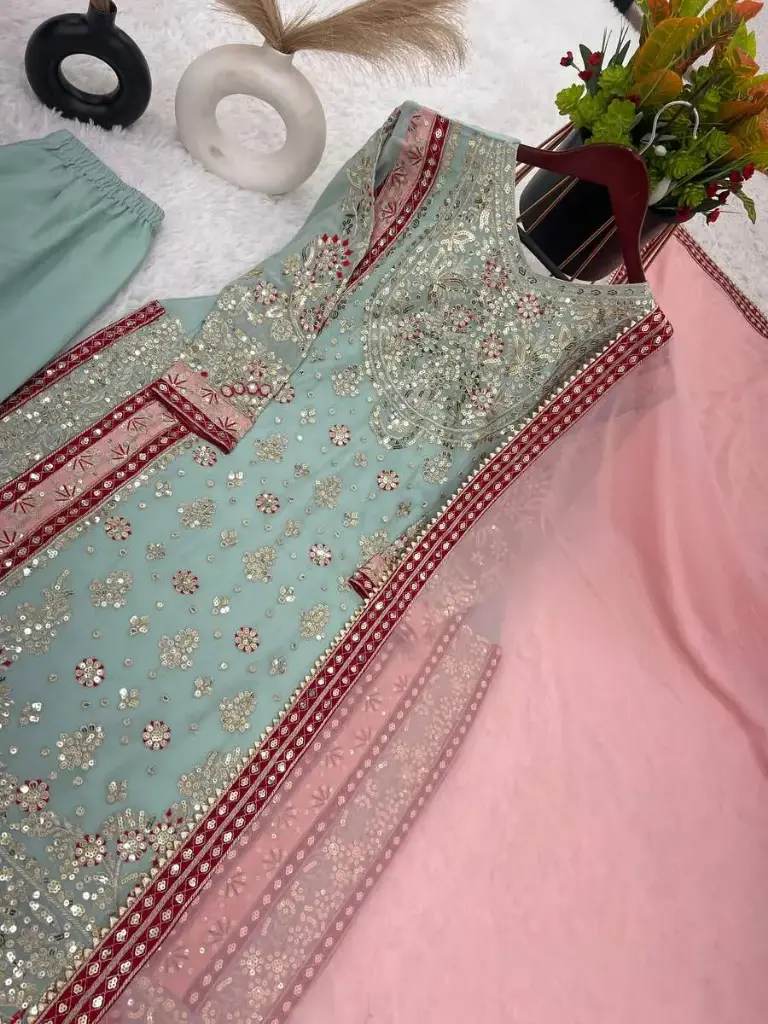 [DFW357-2] Sharara With Dupatta Sea Trending Geogette Embroidery Sequence Work Ladies Kurthi (XL)