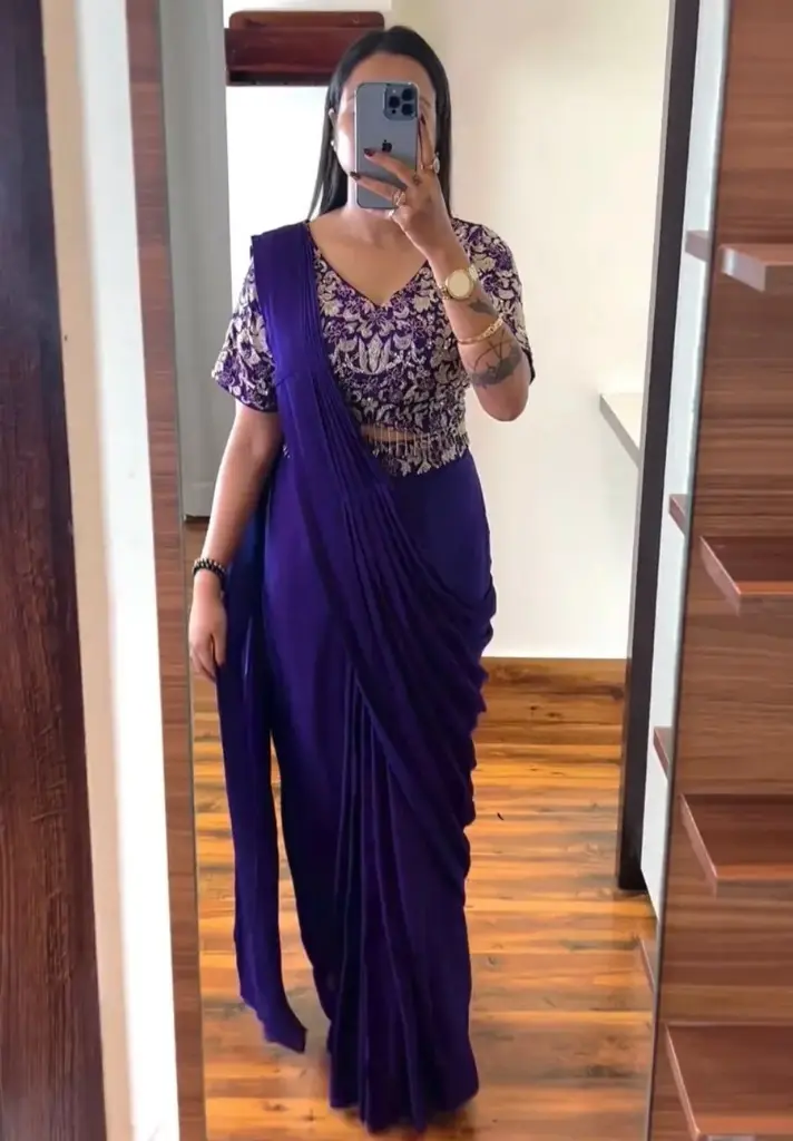 [DFW361] DESIGNER CHINON EMBROIDERY CODING WORK READY TO WEAR SAREE WITH STITCHED BLOUSE AND BELT PURPLE