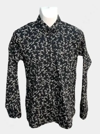 [MSF028-1] Printed Shirts for Men - Floral Print 100% Cotton Shirt (Black Color Size L)