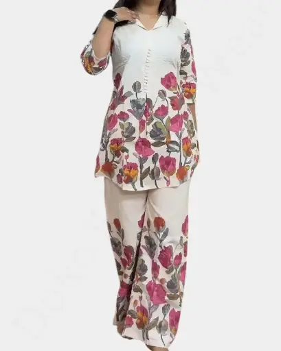 [WLC167] Ladies Kurthi Co-ord Set - Khadi Fabric -Cream Color - L Size