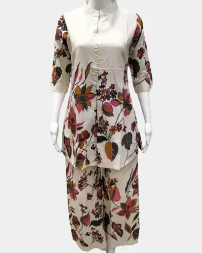 [WLC167-4] Ladies Kurthi Co-ord Set - Khadi Fabric -Cream Color - XL Size