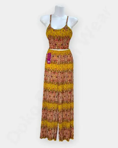 Rongtai Boho Two-Piece Set – Sleeveless Top & Wide-Leg Pants in Ethnic Print – Yellow Color