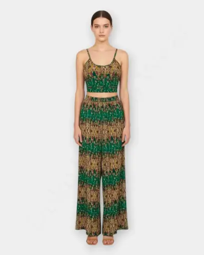 Rongtai Boho Two-Piece Set – Sleeveless Top & Wide-Leg Pants in Ethnic Print – Green Color