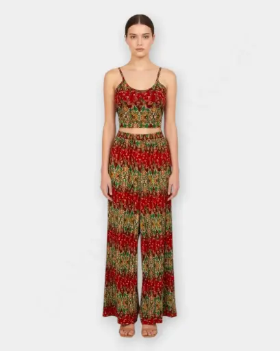 Rongtai Boho Two-Piece Set – Sleeveless Top & Wide-Leg Pants in Ethnic Print - Red Color