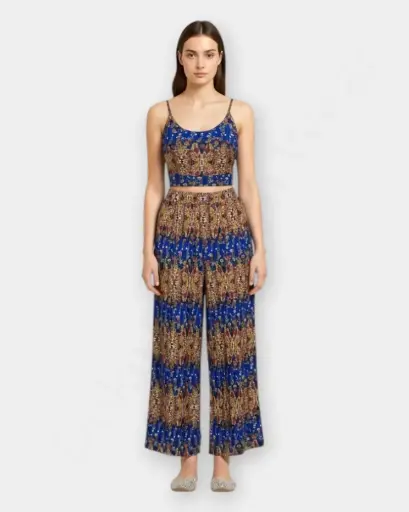 Rongtai Boho Two-Piece Set – Sleeveless Top & Wide-Leg Pants in Ethnic Print – Blue Color 