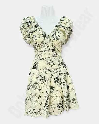 [WDC150] Cream Color  Floral Ruched V Neck Mini Dress Free-Size 